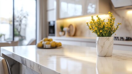 This beautifully designed kitchen has a vibrant marble countertop, creating a chic atmosphere perfect for cooking and entertaining in a cozy space that fosters relaxation and conversation
