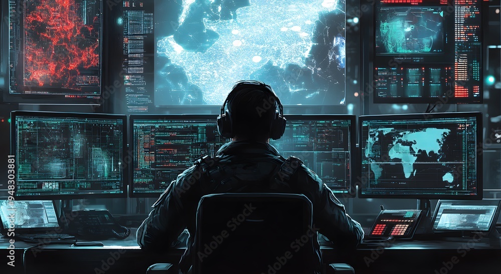 Aufkleber a cyber security professional at work, monitoring multiple screens displaying advanced digital artwo