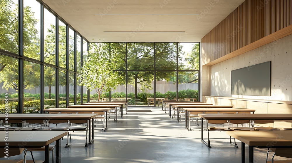 Poster a modern classroom with large windows and wooden details, blending functionality with style.