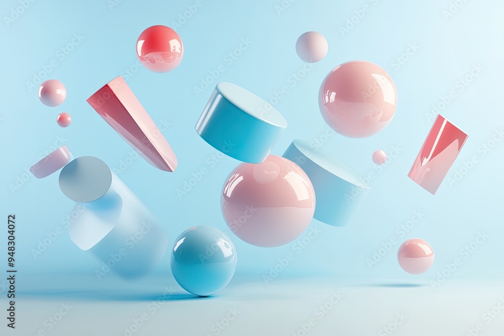 Wall mural colorful geometric shapes float in a serene blue background, creating a modern and abstract visual c