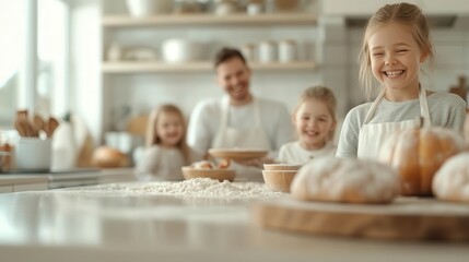 Fototapeta premium A joyful family cooking together in a bright kitchen, enjoying quality time while baking delicious bread and pastries.