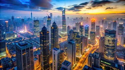 Fototapeta premium Aerial view of a bustling metropolis at dusk, skyscrapers and towering buildings surrounded by vibrant city lights, with a hazy blue misty atmosphere above.