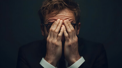 Portrait of overstressed business man covering face with his hands isolated. Emotion of stress or despair