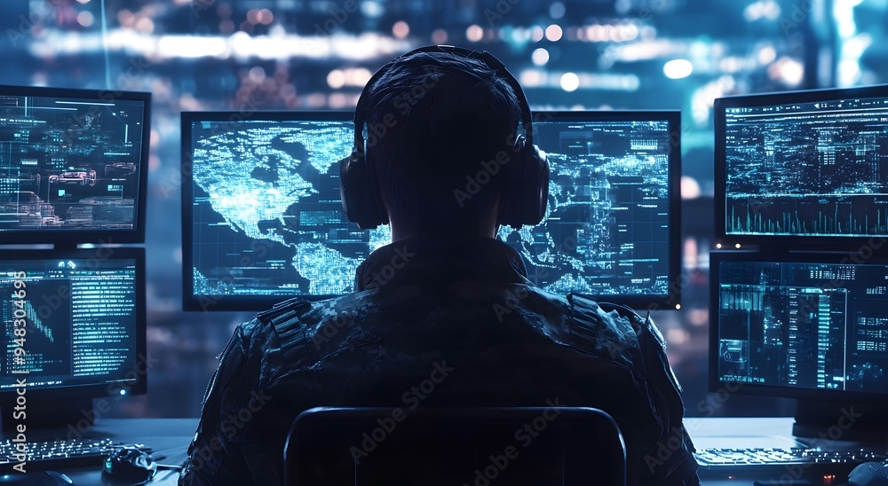Poster a cyber security professional at work, monitoring multiple screens displaying advanced digital artwo