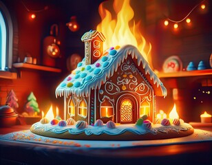 Gingerbread house melting in whimsical oven with playful flames.