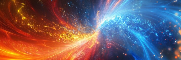 Obraz premium A captivating abstract artwork depicting the clash of fire and ice. The fiery red and orange hues on the left represent passion, energy, and chaos. The cool blues and white on the right symbolize tran