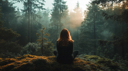 Rear view on a woman meditating in autumn forest