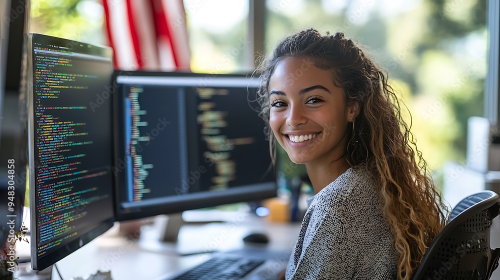 Poster a programmer smiles as she works on code in her office, fully immersed in her task.