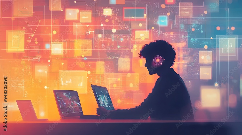 Poster a person engaged in internet surfing on multiple devices, with a dynamic digital network background