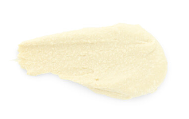 Sample of delicious hummus isolated on white, top view