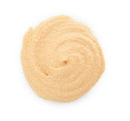 Sample of delicious hummus isolated on white, top view