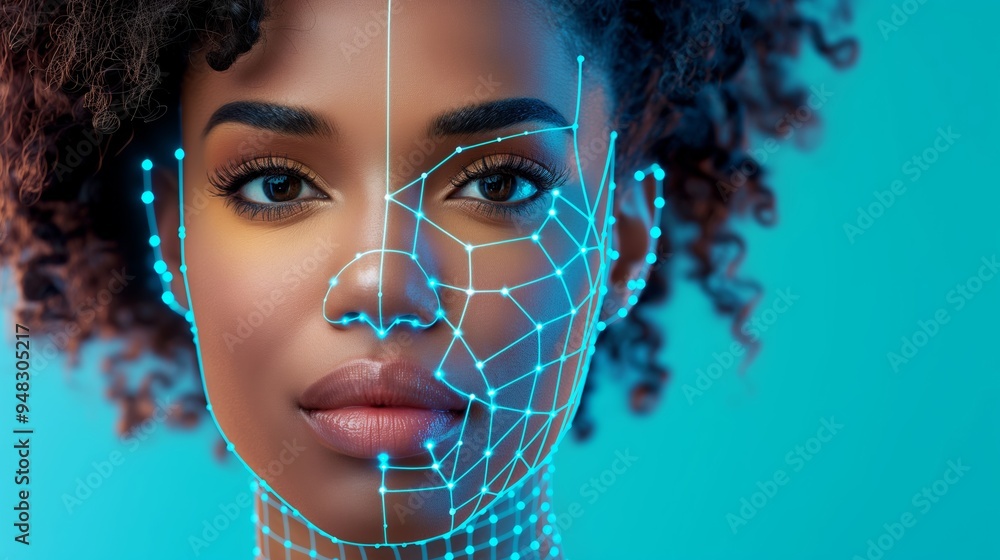 Poster a woman's face is shown in a blue background with a grid of lines. the lines are blue and white and 