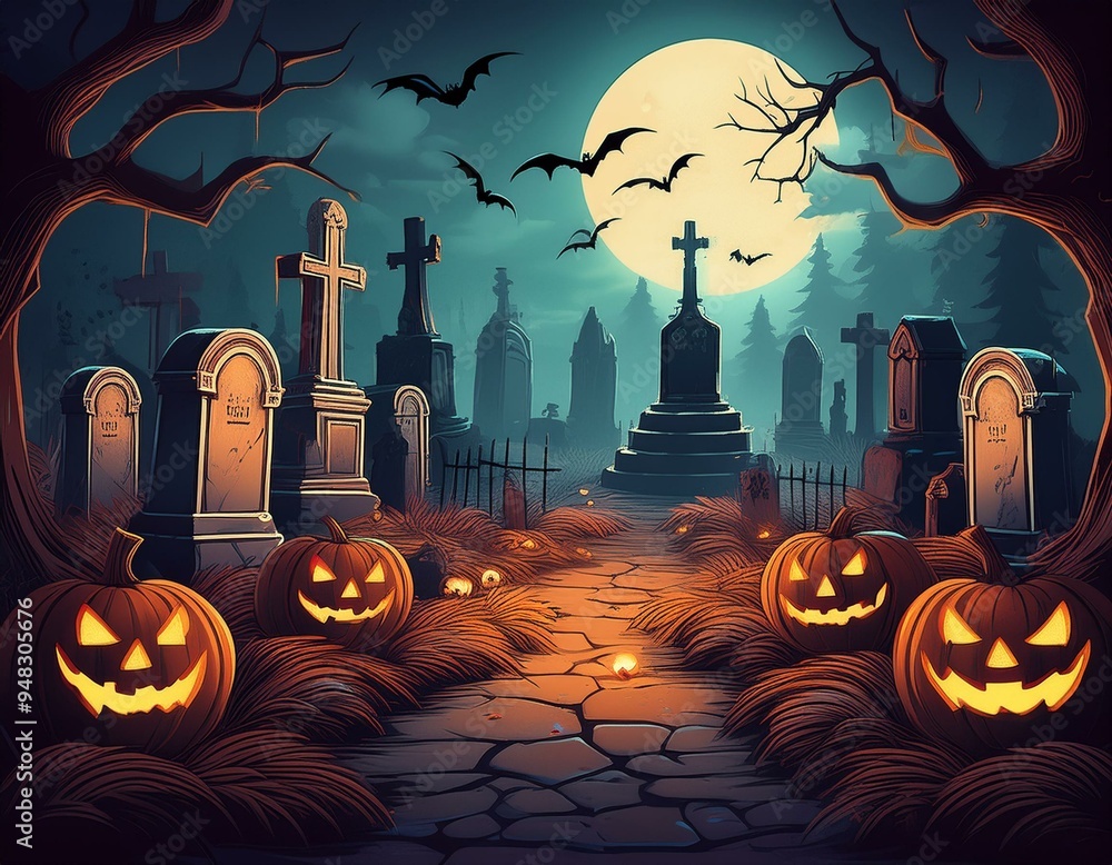 Wall mural graveyard scene with pumpkins, bats, and tombstones.