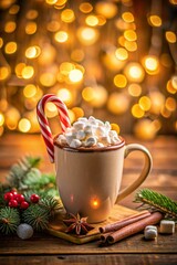 Steaming hot cocoa topped with fluffy marshmallows, a candy cane