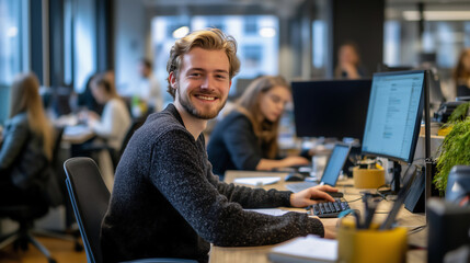 A young, happy male employee working at his desk in an office. A busy team of people can be seen behind him.