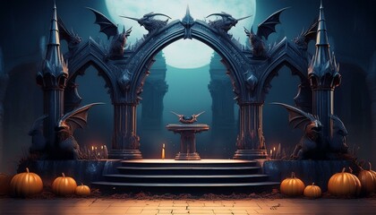 Gothic-inspired podium with gargoyles and arches for a chilling Halloween speech.