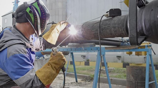 A professional welder working outdoors on large pipes, showcasing the use of protective gear and intense focus, embodying skill and precision that are hallmark traits in metalworking and industrial fa