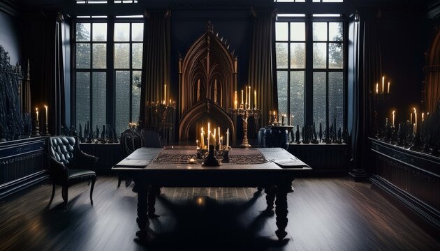 Gothic-inspired room with carved wooden table, black velvet, and candlelight.