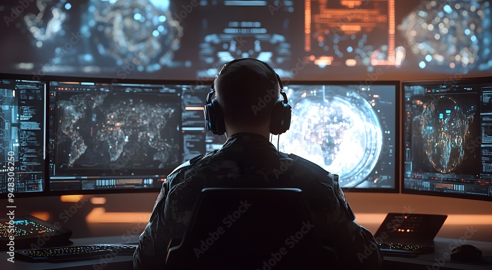 Poster a cyber security professional at work, monitoring multiple screens displaying advanced digital artwo