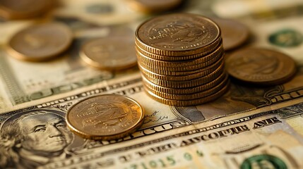 A close-up of stacked gold coins on a US dollar bill, shimmering with wealth.