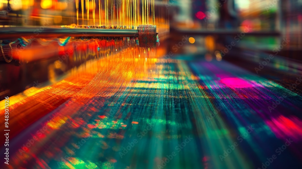 Poster a close-up abstract image of a loom weaving fabric with blurred motion, symbolizing the process of c