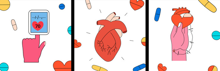 Set of designs on the theme of cardiology with heart, pulse oximeter. Flat style vector illustration, posters, medical postcards