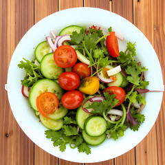 salad with tomatoes and cucumbers on a wooden table 