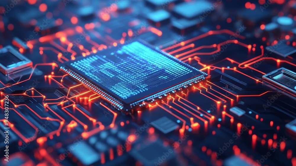 Poster a close-up abstract shot of a microchip on a complex circuit board, with glowing digital traces symb