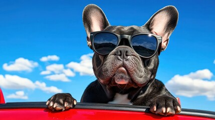 Black dog with sunglasses leaning out of red car.