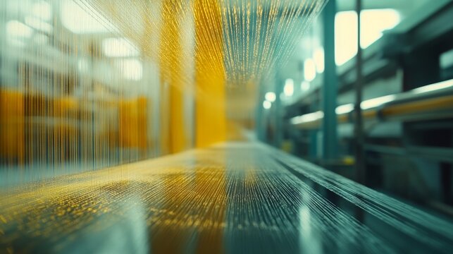 A close-up image of fiberglass strands being woven together on a loom, showcasing the intricate process of manufacturing. The image represents the precision, strength, and interconnectedness of modern