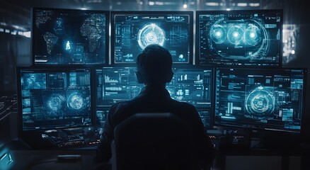 A cyber security professional at work, monitoring multiple screens displaying advanced digital artwork. Cyber ​​threat detection concepts, real-time alerts and threat indicators