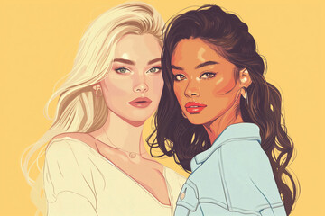 Artistic illustration of two fashionable young women with contrasting hair colors standing against a bright yellow background.