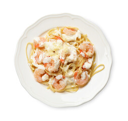 Delicious pasta with shrimps isolated on white, top view