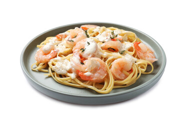 Delicious pasta with shrimps isolated on white