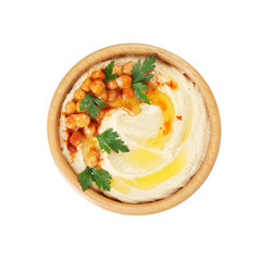 Delicious hummus with olive oil, chickpeas and parsley isolated on white, top view