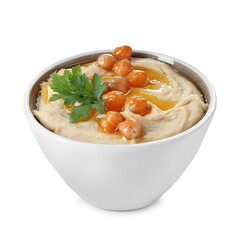 Delicious hummus with olive oil, chickpeas and parsley isolated on white