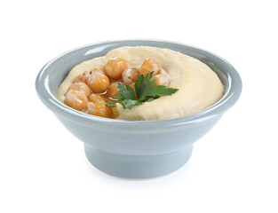 Delicious hummus with olive oil, chickpeas and parsley isolated on white