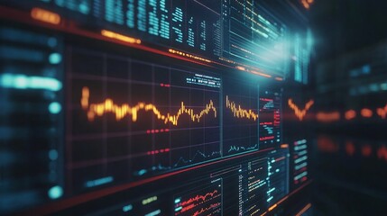 Fototapeta premium A close-up of a digital screen displaying financial data analysis. The screen shows various charts, graphs, and numerical data. The image represents financial markets, data visualization, technologica