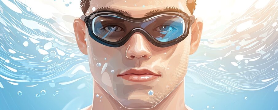 A focused swimmer with goggles, showcasing determination and strength in a serene underwater environment.