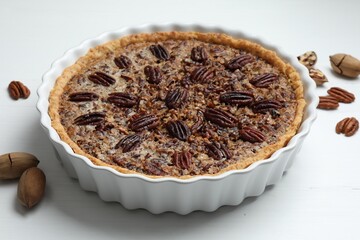 Delicious pecan pie in baking dish and fresh nuts on white wooden table, closeup