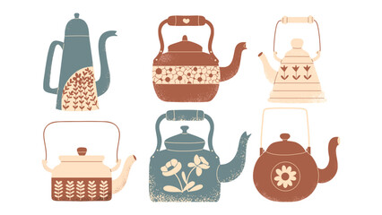 Retro teapot vector set. Vintage kitchen elements.