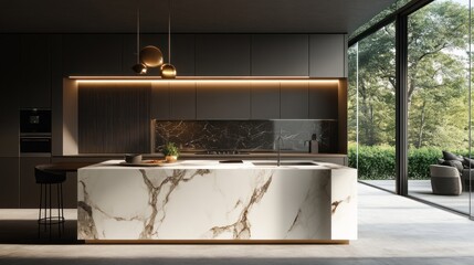 Modern Kitchen with Marble Island and Glass Doors