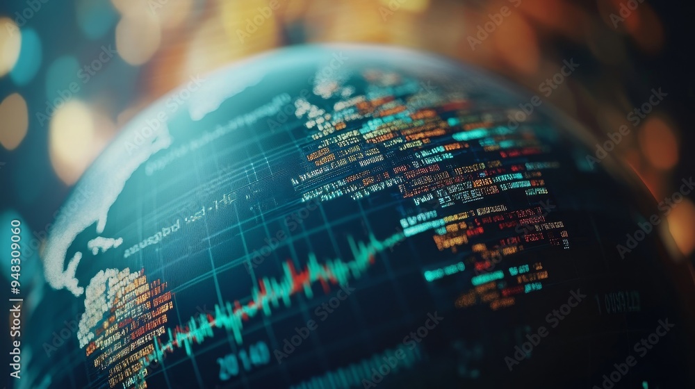 Aufkleber a close-up photo of a globe with stock market tickers and a line graph overlayed on its surface. it 