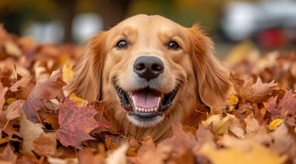 Golden Retriever in Autumn Leaves