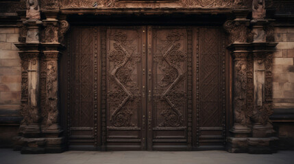 Ancient Guardian: Ornate wooden doors, etched with time and history, stand sentinel at the entrance of a grand, gothic structure. 