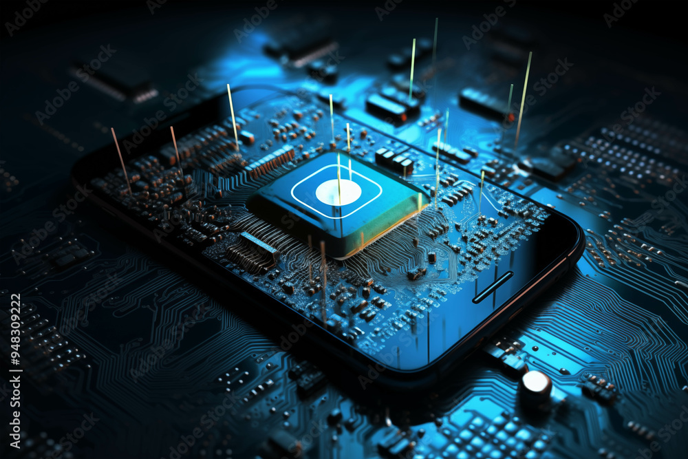Poster mobile processing powerhouse: a smartphone transformed, revealing its intricate circuitry and a powe