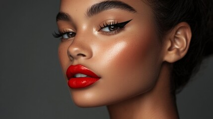 Fototapeta premium A close-up of a woman with flawless makeup, featuring bold red lipstick, perfectly winged eyeliner, and glowing skin, posing confidently in a studio setting.