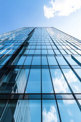 Obraz premium Looking up at the glass facade of a tall skyscraper.