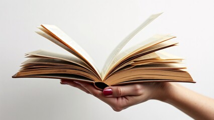 Detailed Hand Holding Open Book with Fanned Pages Isolated on White Background