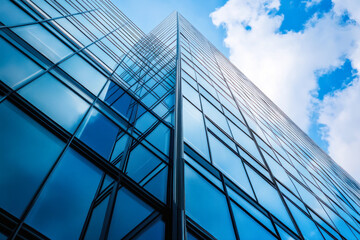 Obraz premium Modern skyscraper with reflective glass windows in city.